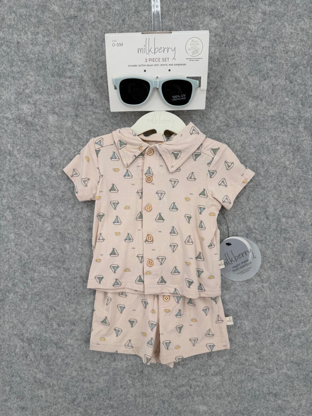 NWT Milkberry Sunny Sail Nautical Boat Shirt, Shorts & Sunglass Set Size 0-3M